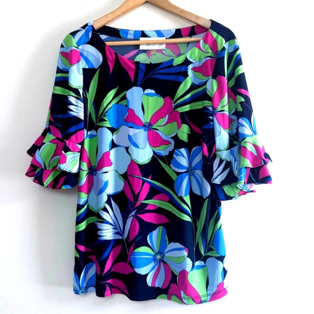Pappagallo vibrant blue pink green floral resort flutter bell sleeve top blouse
